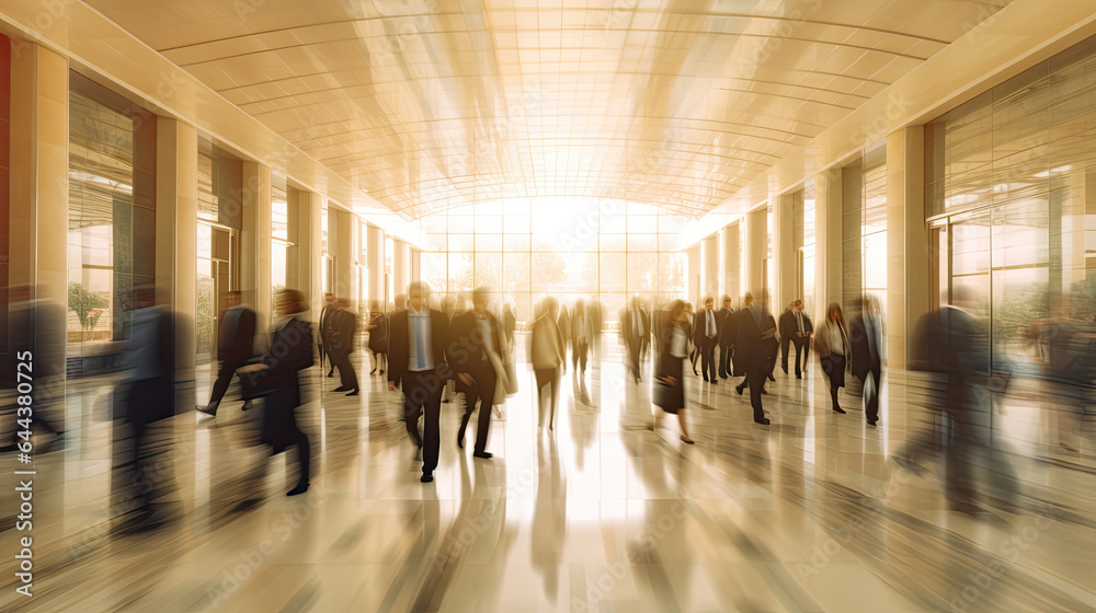 Crowd of business people walking in bright office lobby fast moving with blurry. people. office work