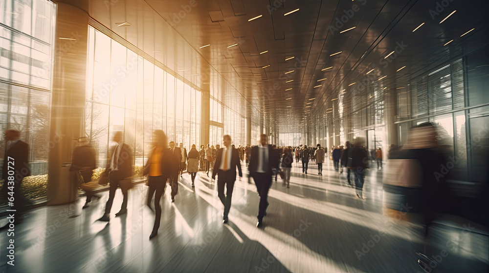 Crowd of business people walking in bright office lobby fast moving with blurry. people. office work