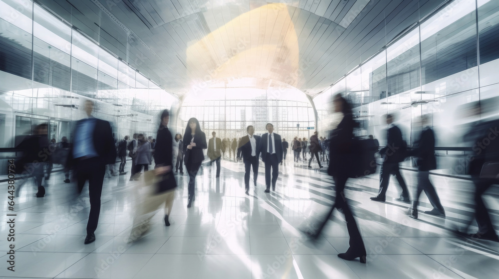 Crowd of business people walking in bright office lobby fast moving with blurry. people. office work