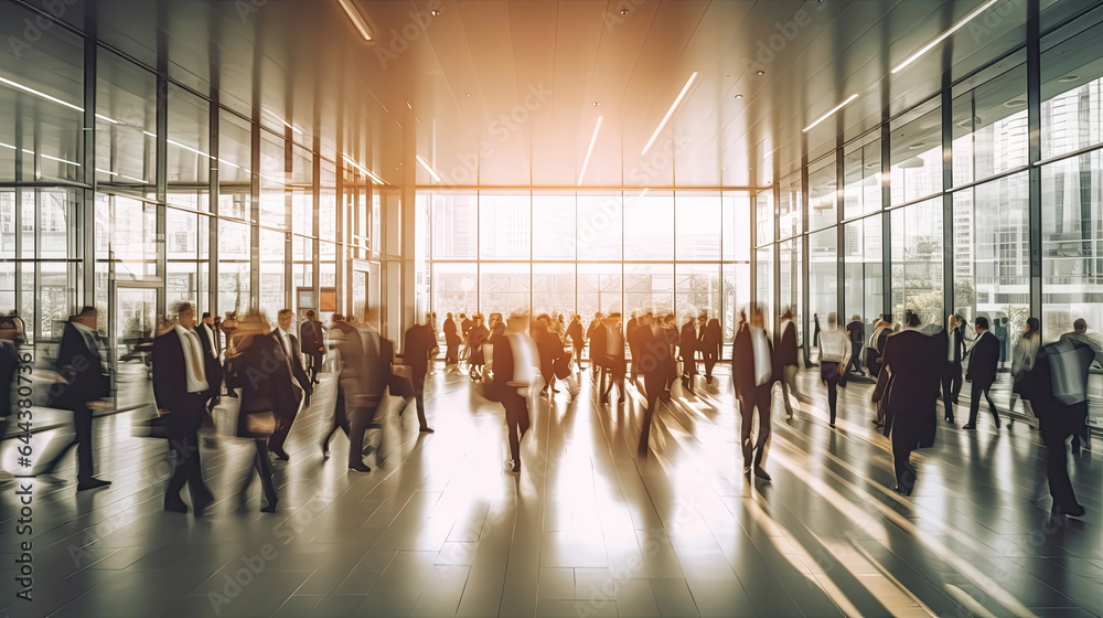 Crowd of business people walking in bright office lobby fast moving with blurry. people. office work