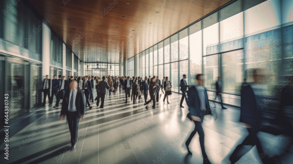 Crowd of business people walking in bright office lobby fast moving with blurry. people. office work