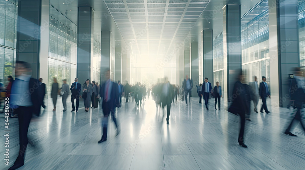 Crowd of business people walking in bright office lobby fast moving with blurry. people. office work