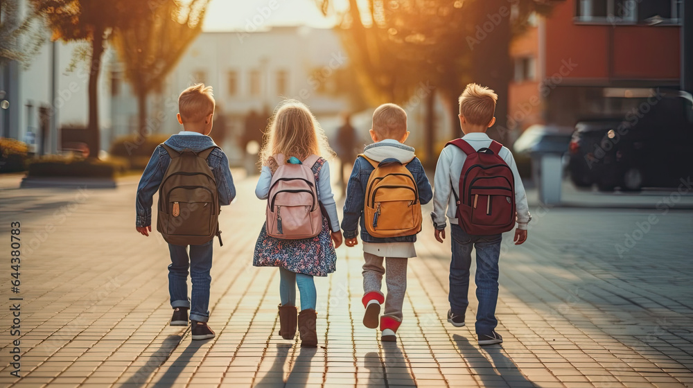 Group of Funny young children walking together in friendship,  On their first day of school, back to