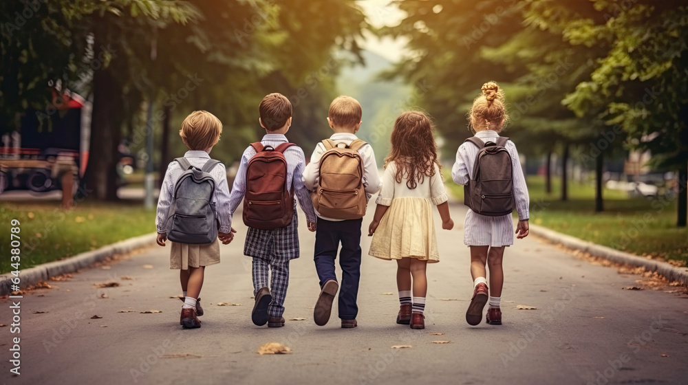 Group of Funny young children walking together in friendship,  On their first day of school, back to