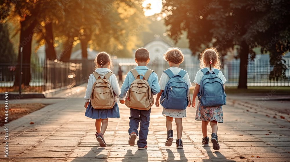 Group of Funny young children walking together in friendship,  On their first day of school, back to