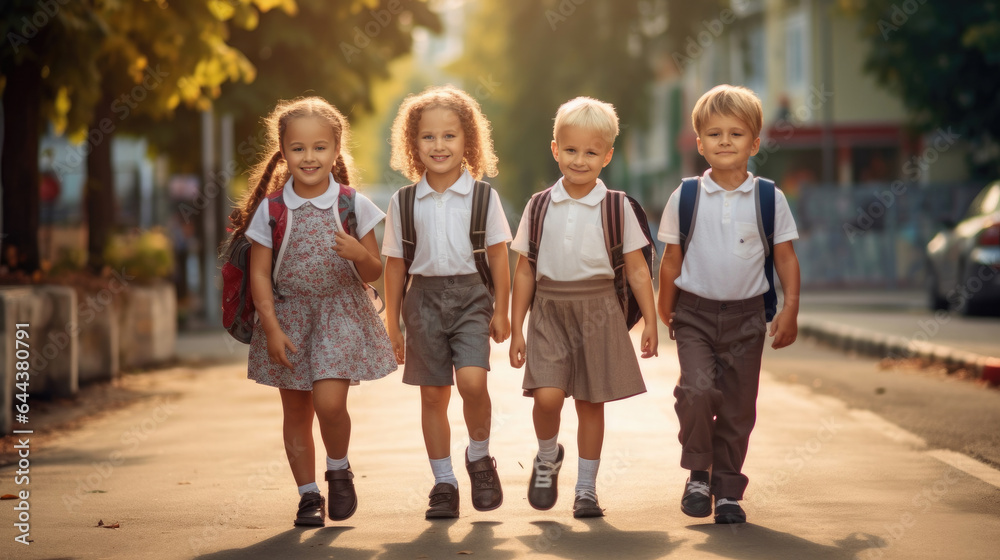 Group of Funny young children walking together in friendship,  On their first day of school, back to