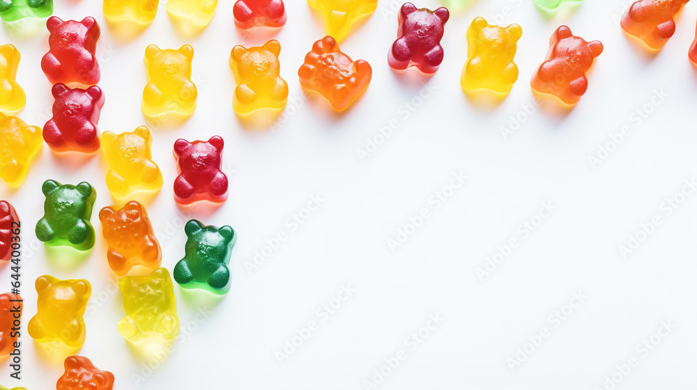 Gummy Jelly Bears Candies background. Sweet tasty backdrop. Generative AI