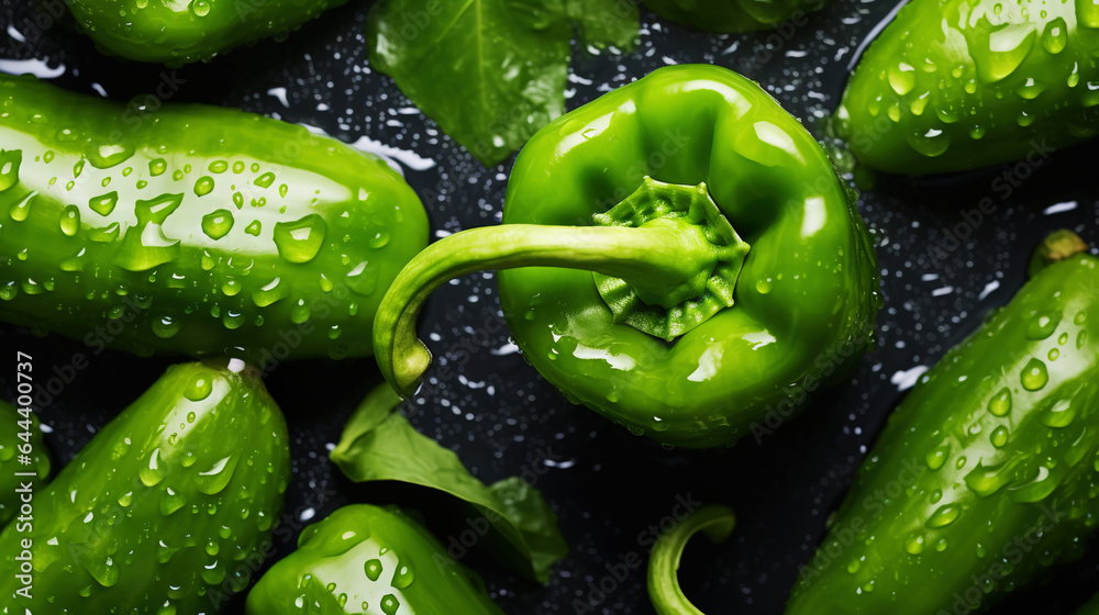 Fresh green bell peppers with water drops background. Vegetables backdrop. Generative AI