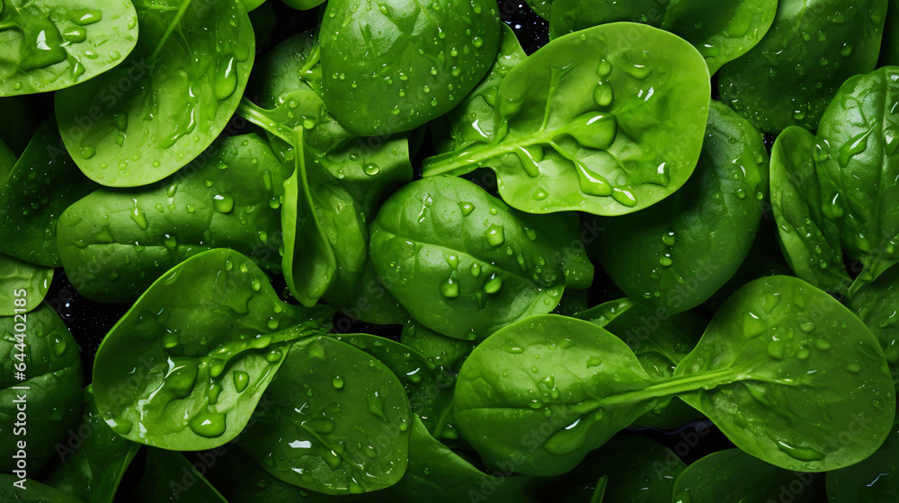 Fresh green spinach leaves with water drops background. Vegetables backdrop. Generative AI