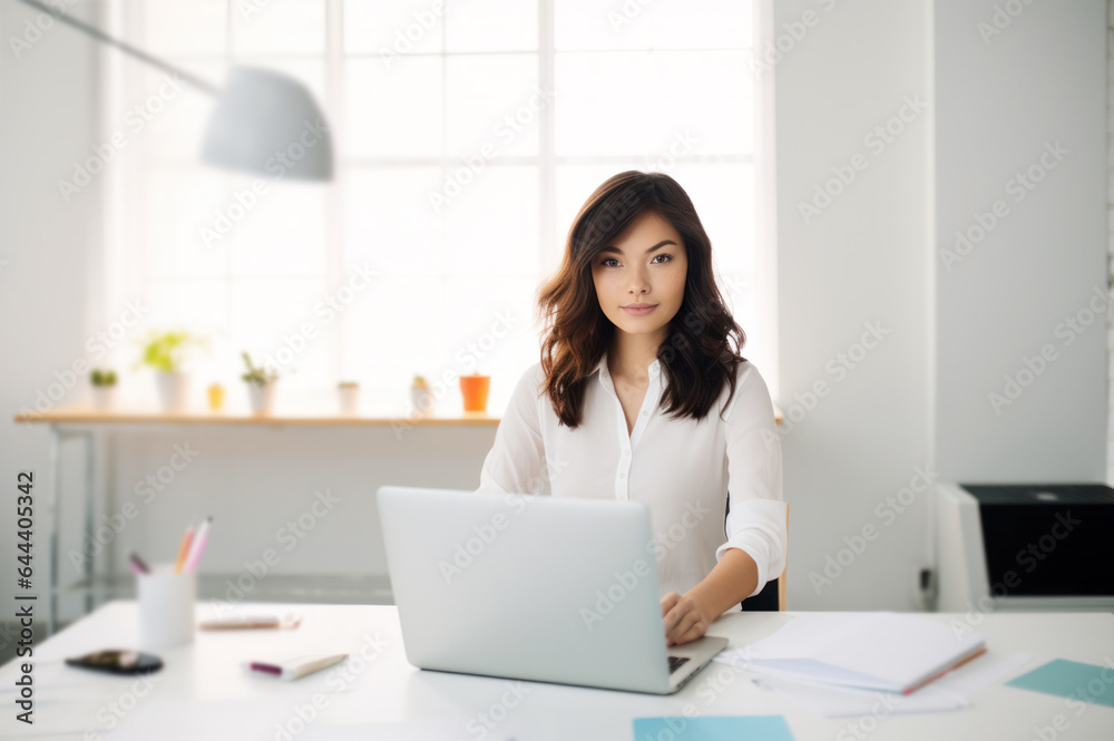 businesswoman sitting at a desk with laptop, modern white office workspace