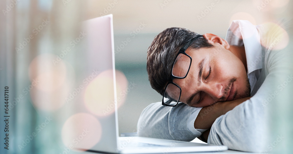 Work, burnout and business man sleeping on laptop in office tired, exhausted and low energy. Startup