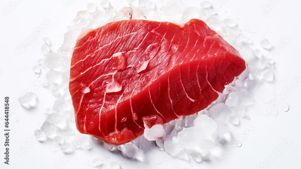 Slices of tuna fish on the ice cubes. Fresh fish fillet. Seafood background. Generative AI