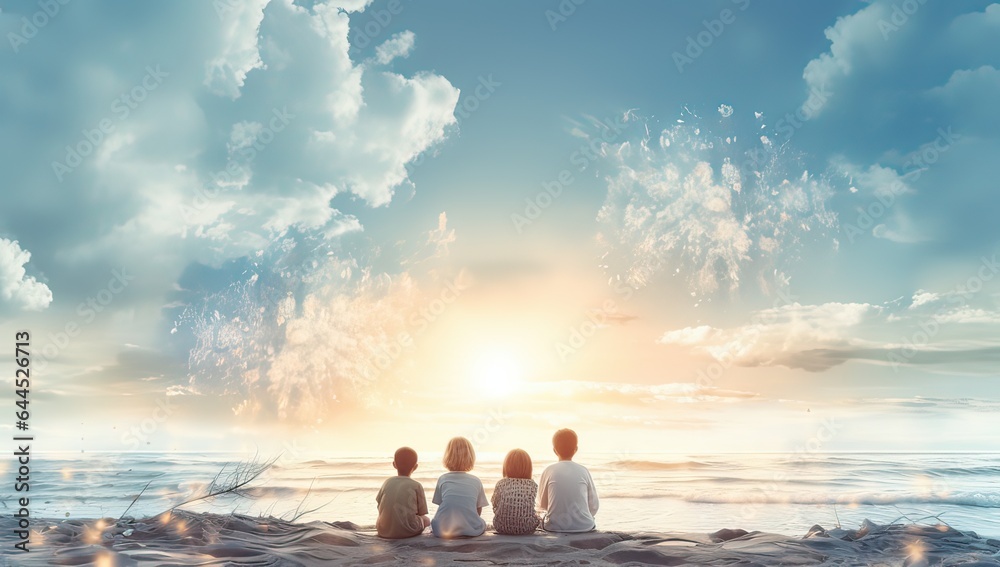 Family of four sitting on the beach and looking at the sunset.