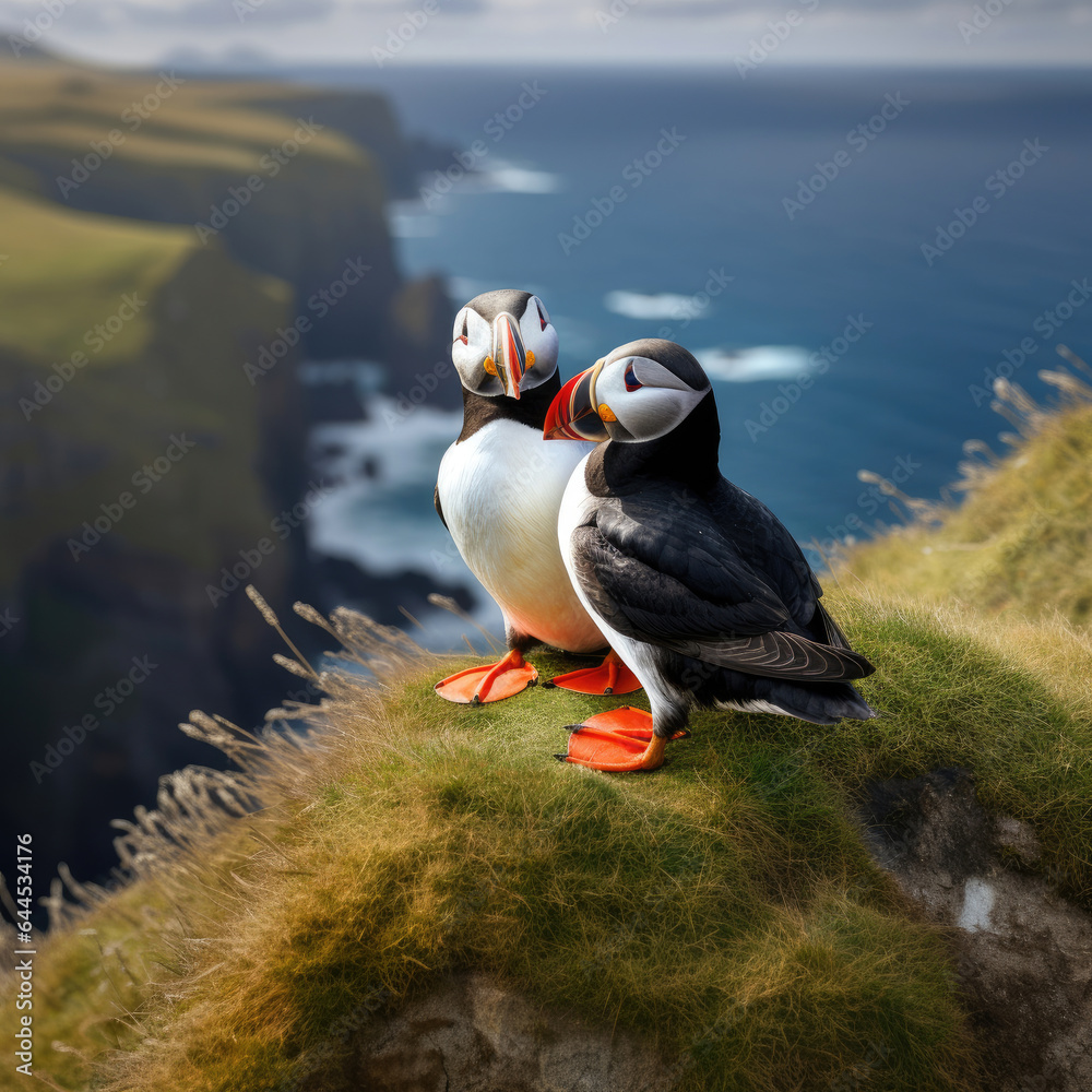 A pair of puffins sitting on a cliff together. Heimaey coast, Iceland. Generative Ai