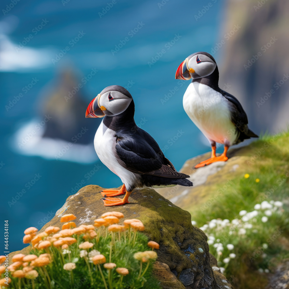 A pair of puffins sitting on a cliff together. Heimaey coast, Iceland. Generative Ai