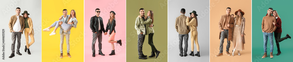 Collage of stylish young couple in autumn clothes on color background