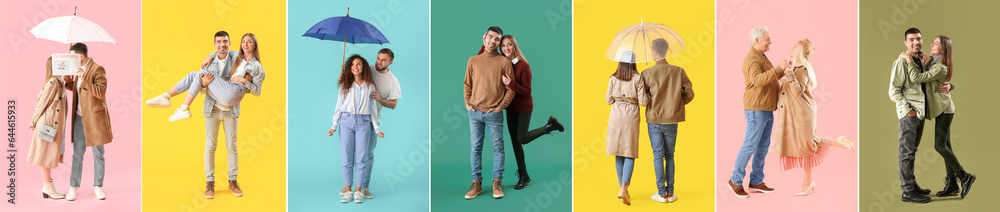 Collage of stylish young couples in autumn clothes on color background