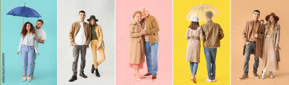 Set of stylish young couples in autumn clothes on color background