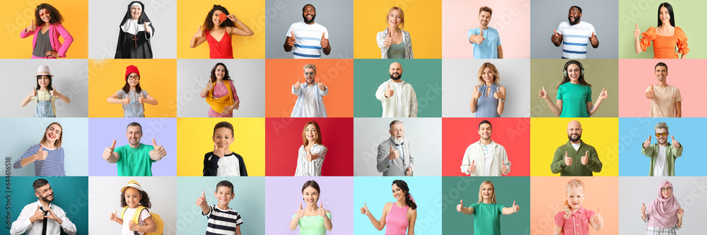 Big collage of happy people showing thumb-up gesture on color background