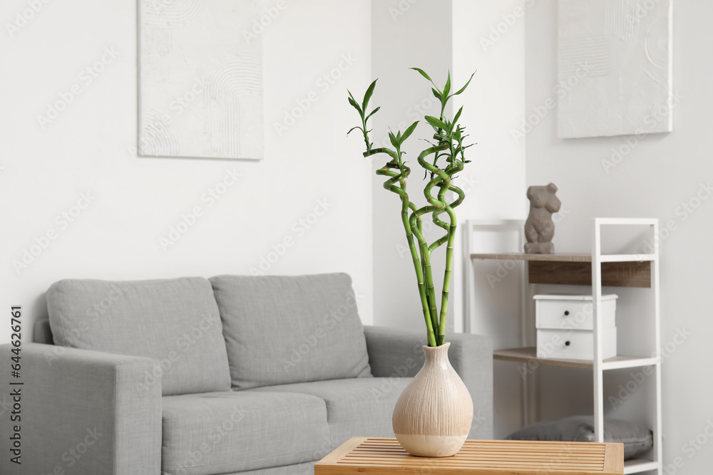 Vase with bamboo stems on table in light living room