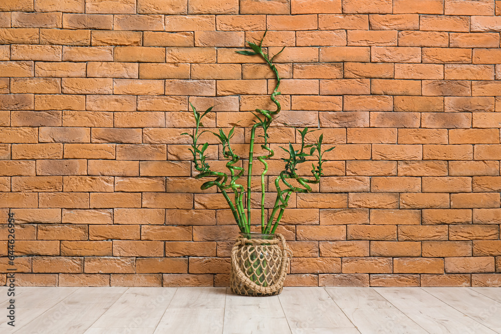 Vase with bamboo stems on floor near brick wall