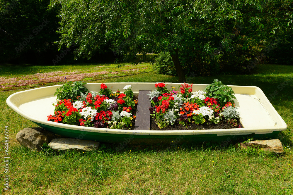 View of boat with flowers in park