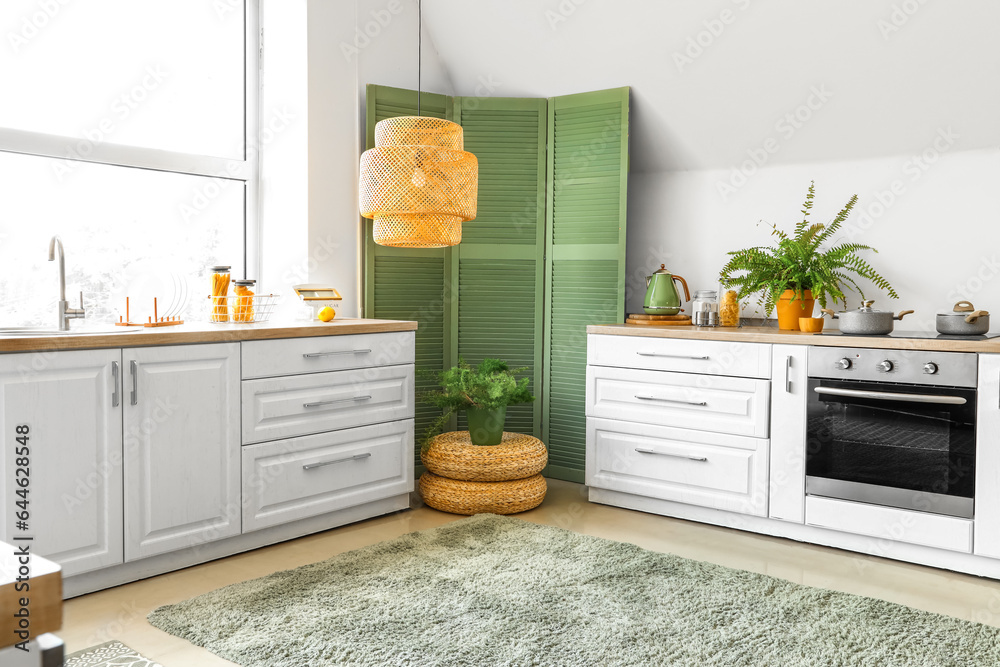 Interior of modern kitchen with white counters and houseplants