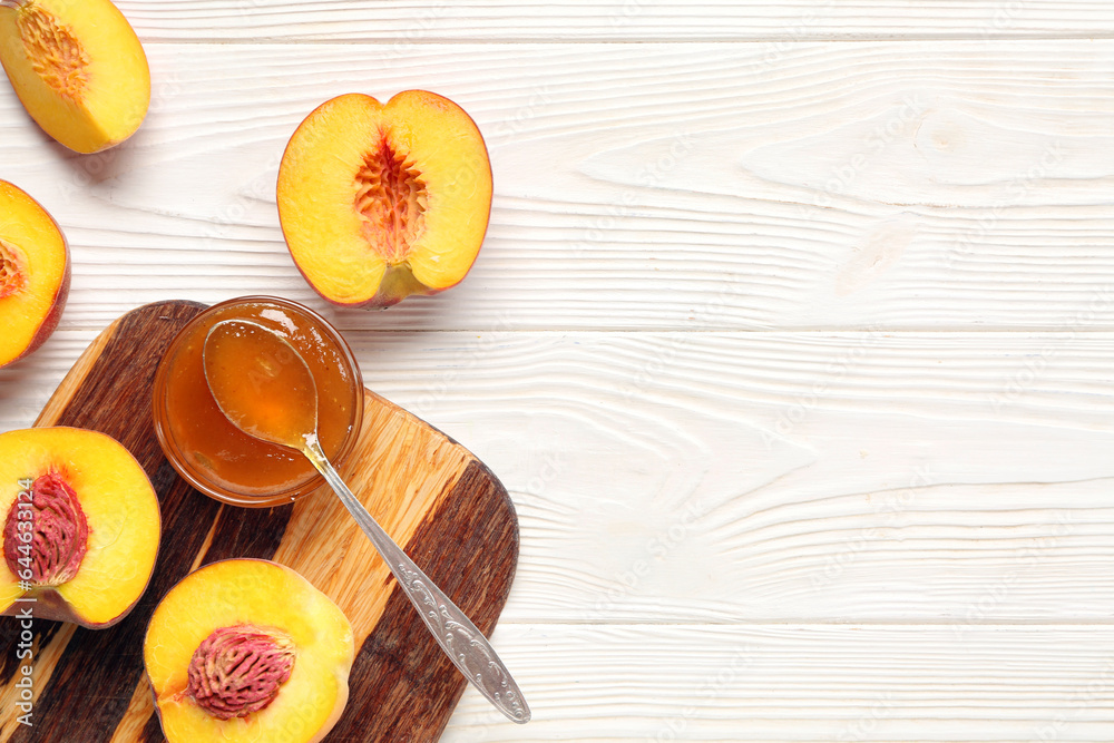 Cutting board with sweet peach jam and fresh fruits on light wooden background