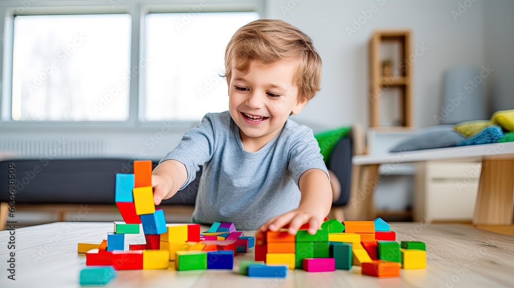 Close-up portrait of a toddler who plays with colorful wooden blocks. Educational games for young ch