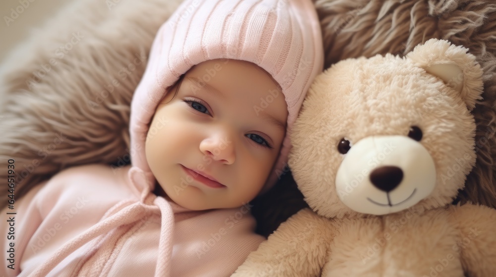 Newborn baby girl with a teddy bear, Cute baby.