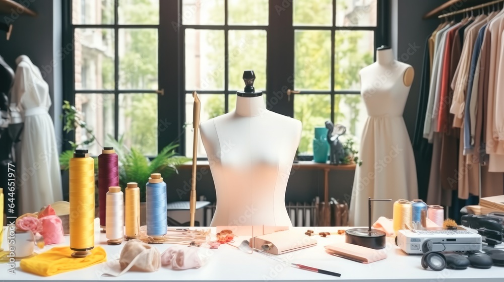 Fashion Design Studio, Tailors office, Dummy mannequin with fashion dress in the tailor shop.