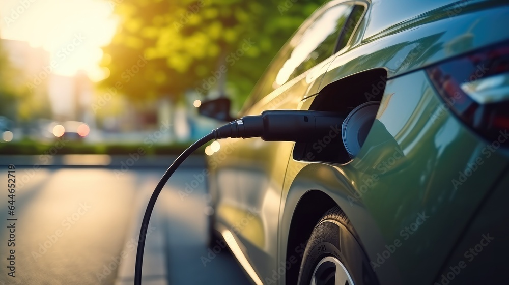 Electric car is charging in parking lot.