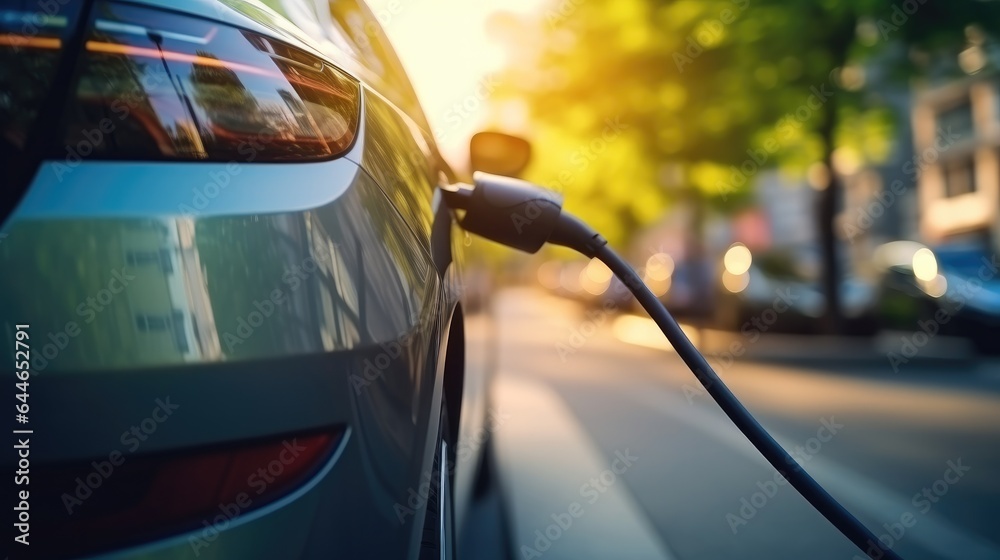 Electric car is charging in parking lot.