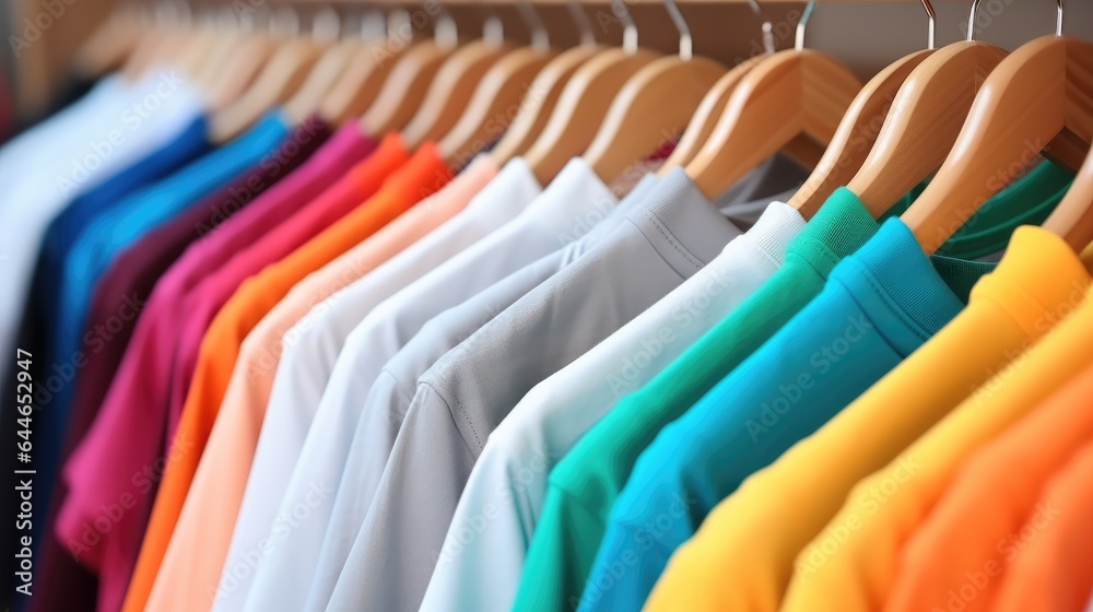 Colorful t-shirts on hangers, Apparel cloth background.