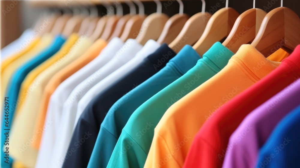 Colorful t-shirts on hangers, Apparel cloth background.