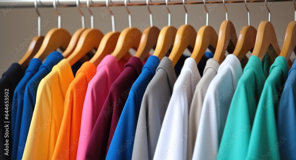 Colorful t-shirts on hangers, Apparel cloth background.