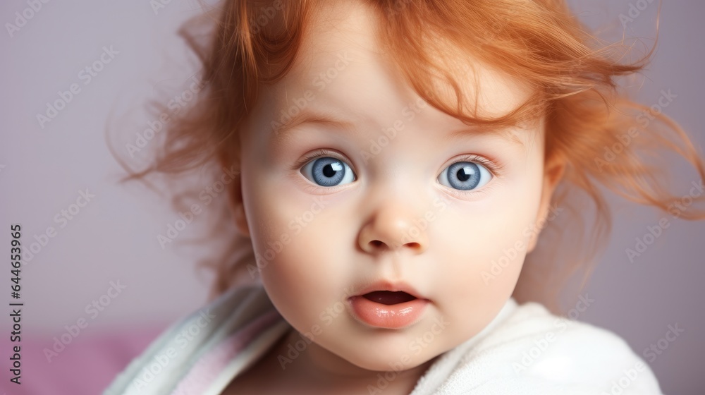 Portrait of innocent redhead cute baby girl with blue eyes.