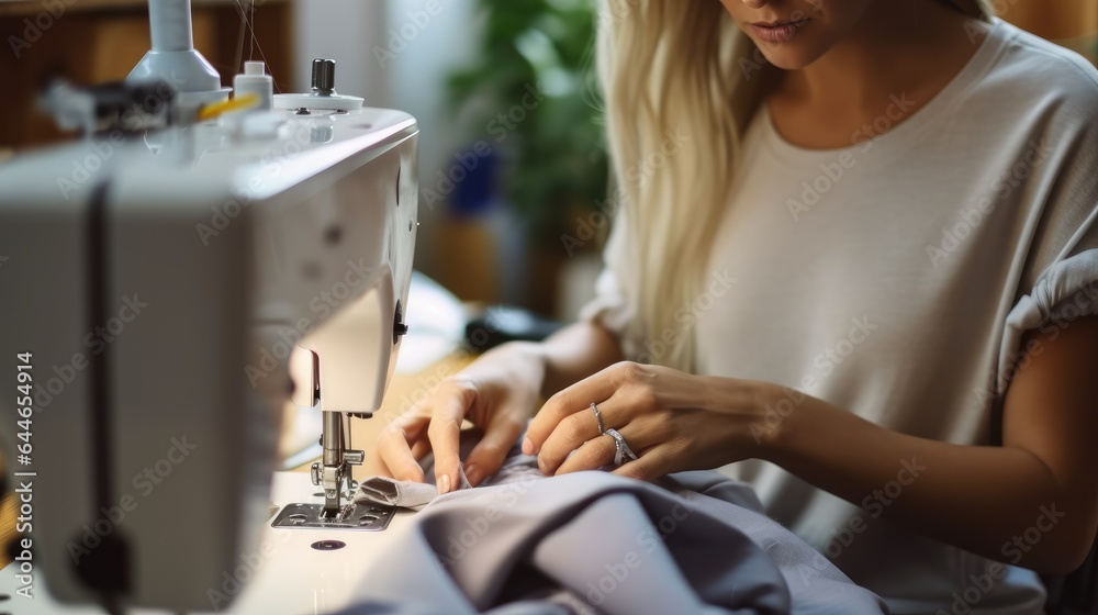 Beautiful female design using sewing machine in workshop.