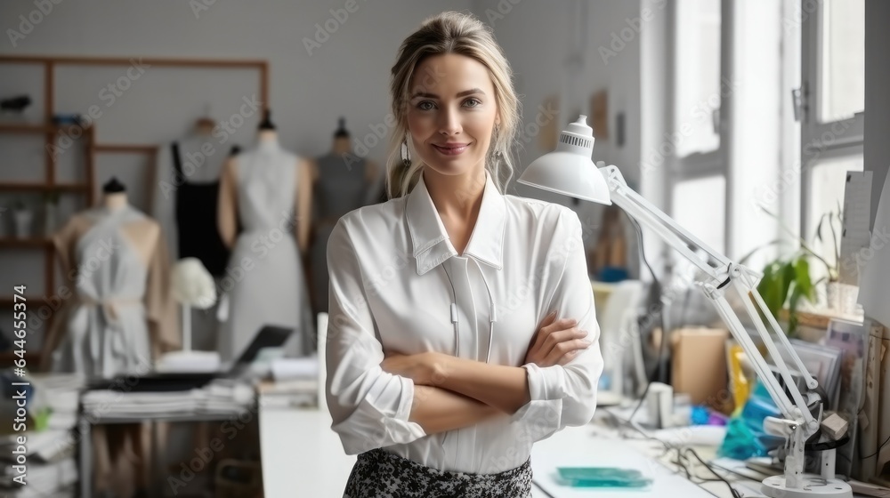 Portrait of female fashion designer at workplace.