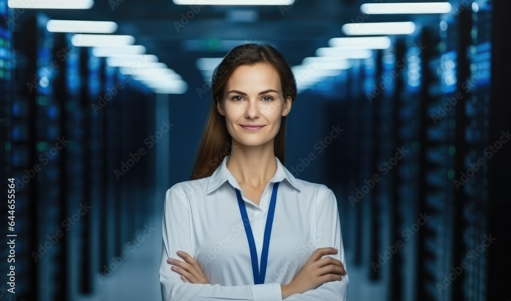 Female IT Specialist is standing in data center near server racks.