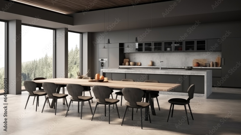 Modern kitchen corner with island and dining table.