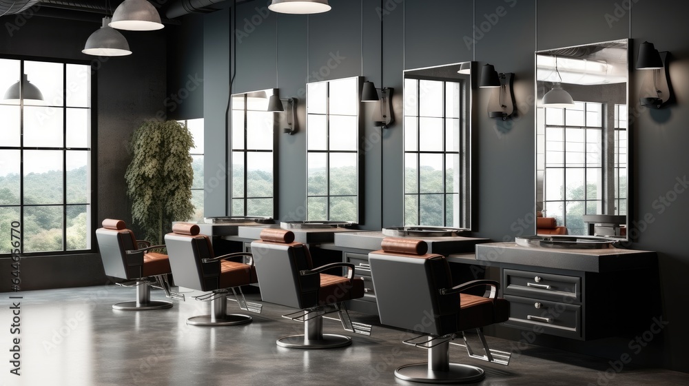 Modern barbershop with armchairs and table with mirrors.