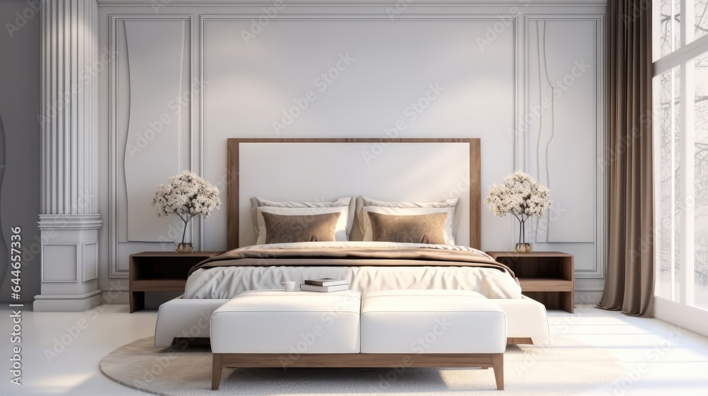 Luxury white master bedroom interior in modern house.