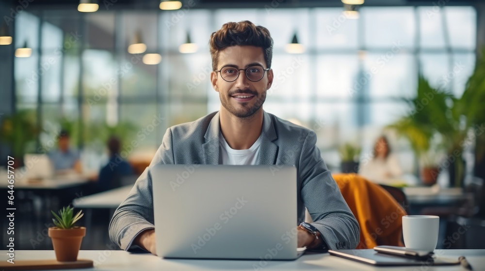 Portrait of Businessman Works on Laptop at modern Office, Digital Entrepreneur Works on e-Commerce S