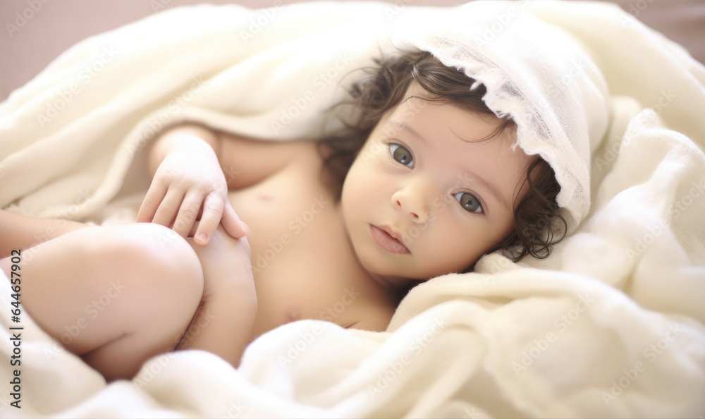 Newborn baby on bed.