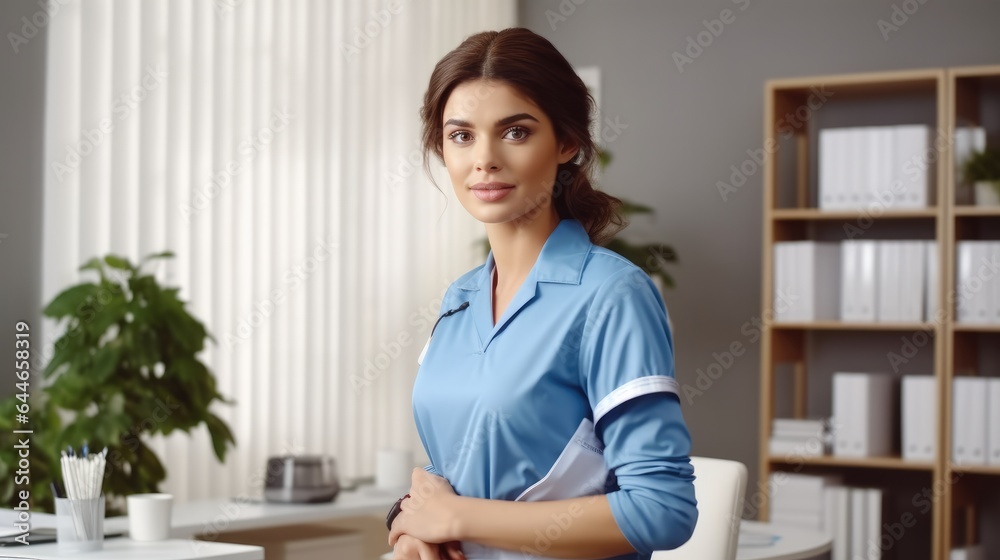 Portrait of female doctor in blue medical uniform standing in office at hospital.