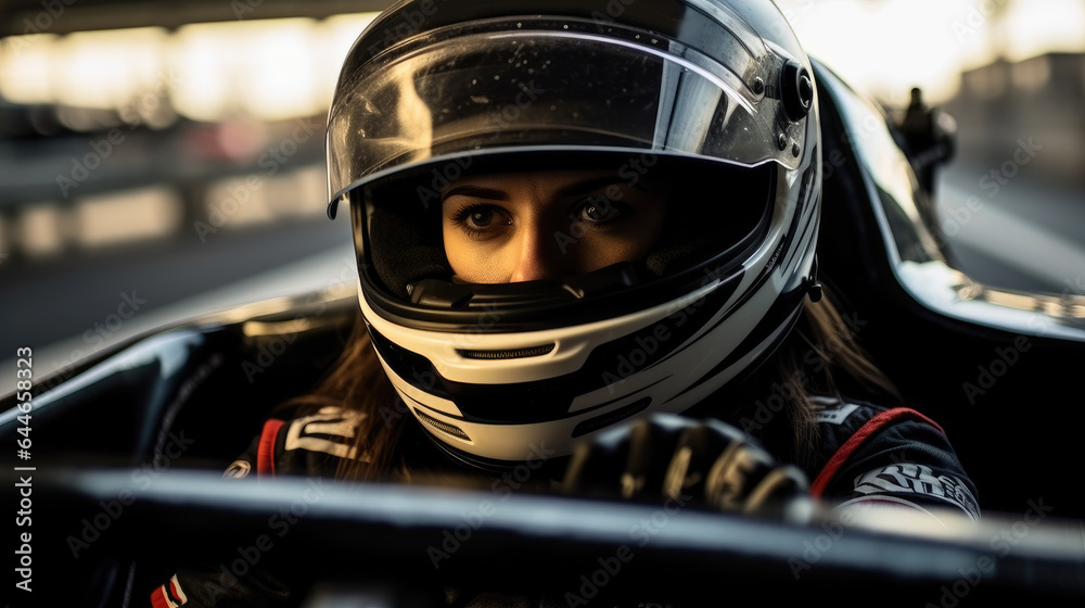 Portrait of a professional woman sports car racer in a helmet driving auto on the track.