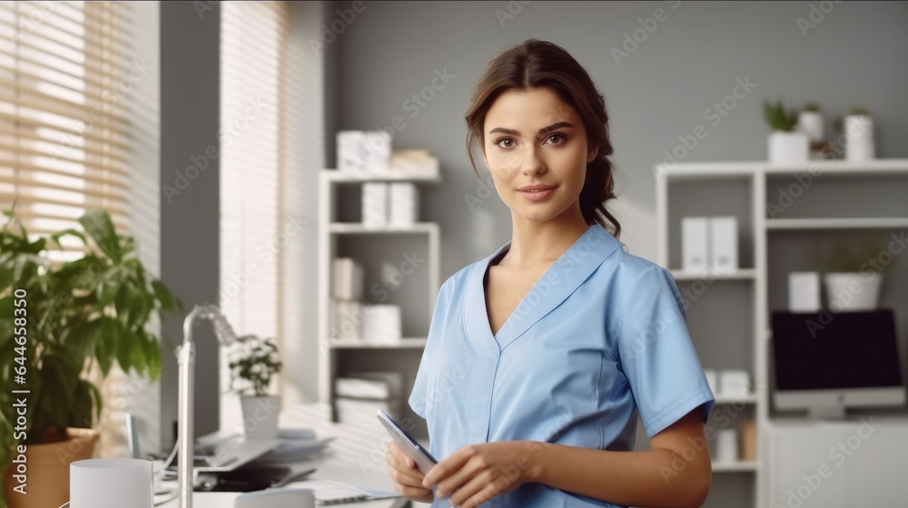 Portrait of female doctor in blue medical uniform standing in office at hospital.