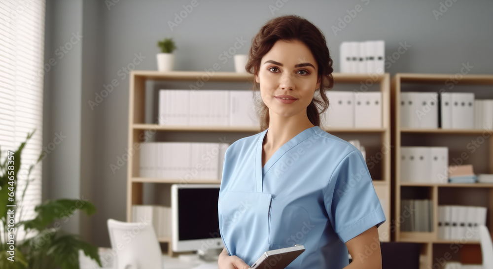 Portrait of female doctor in blue medical uniform standing in office at hospital.