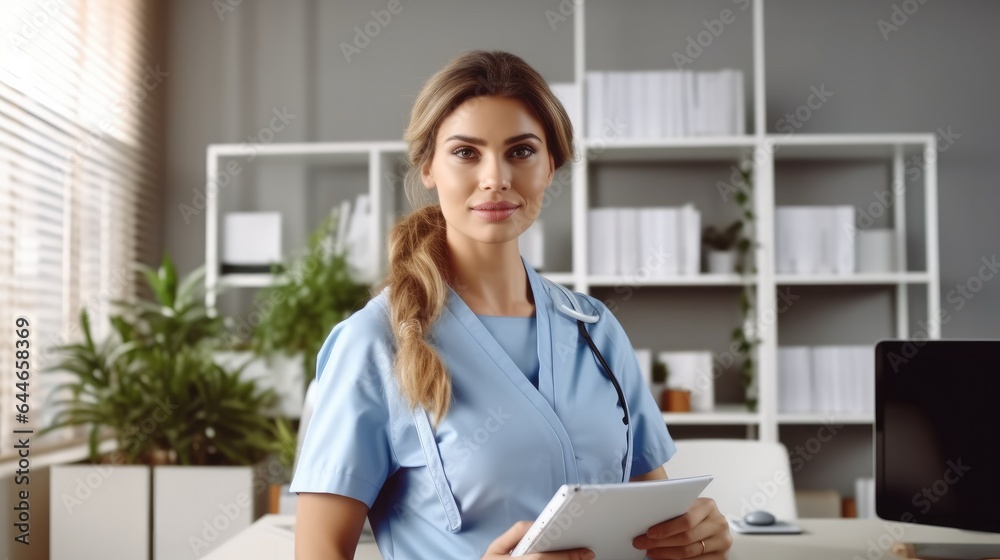 Portrait of female doctor in blue medical uniform standing in office at hospital.